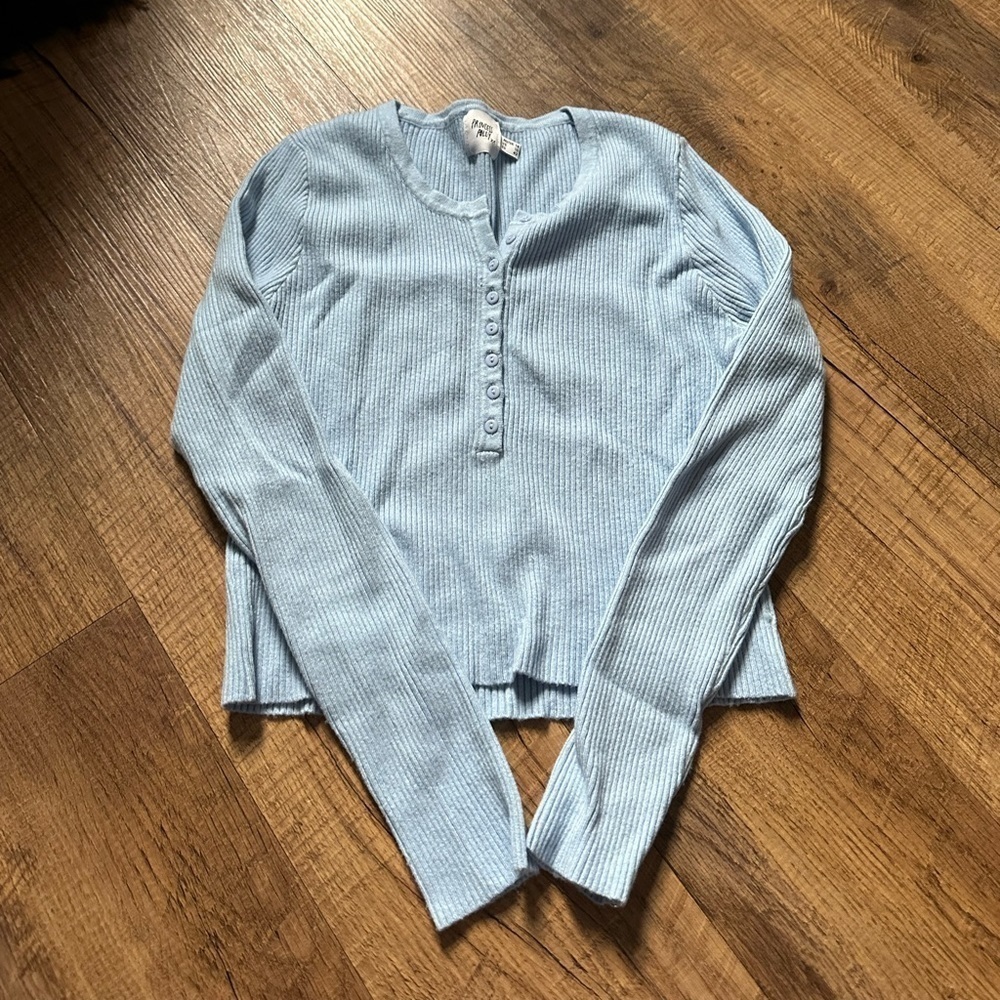 PRINCESS POLLY Blue Ribbed Henley Tee - Picture 3 of 4